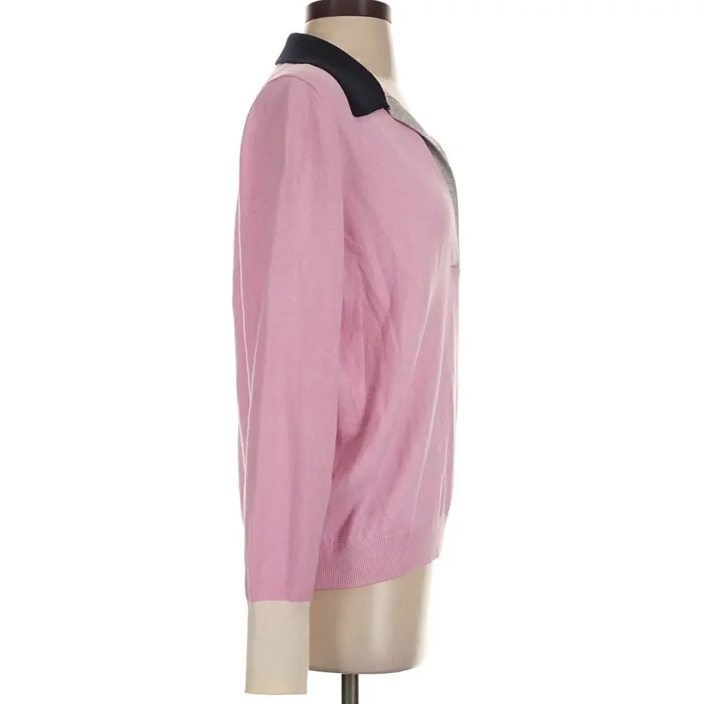 Boden Wool Knit Women Pink Colorblock Collared Polo Sweater Sz 8 Long Sleeve Top